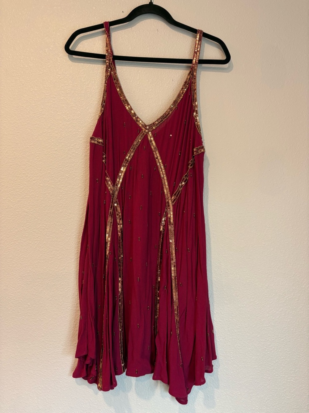 Free People Magenta Slip Dress with Gold Beaded Trim